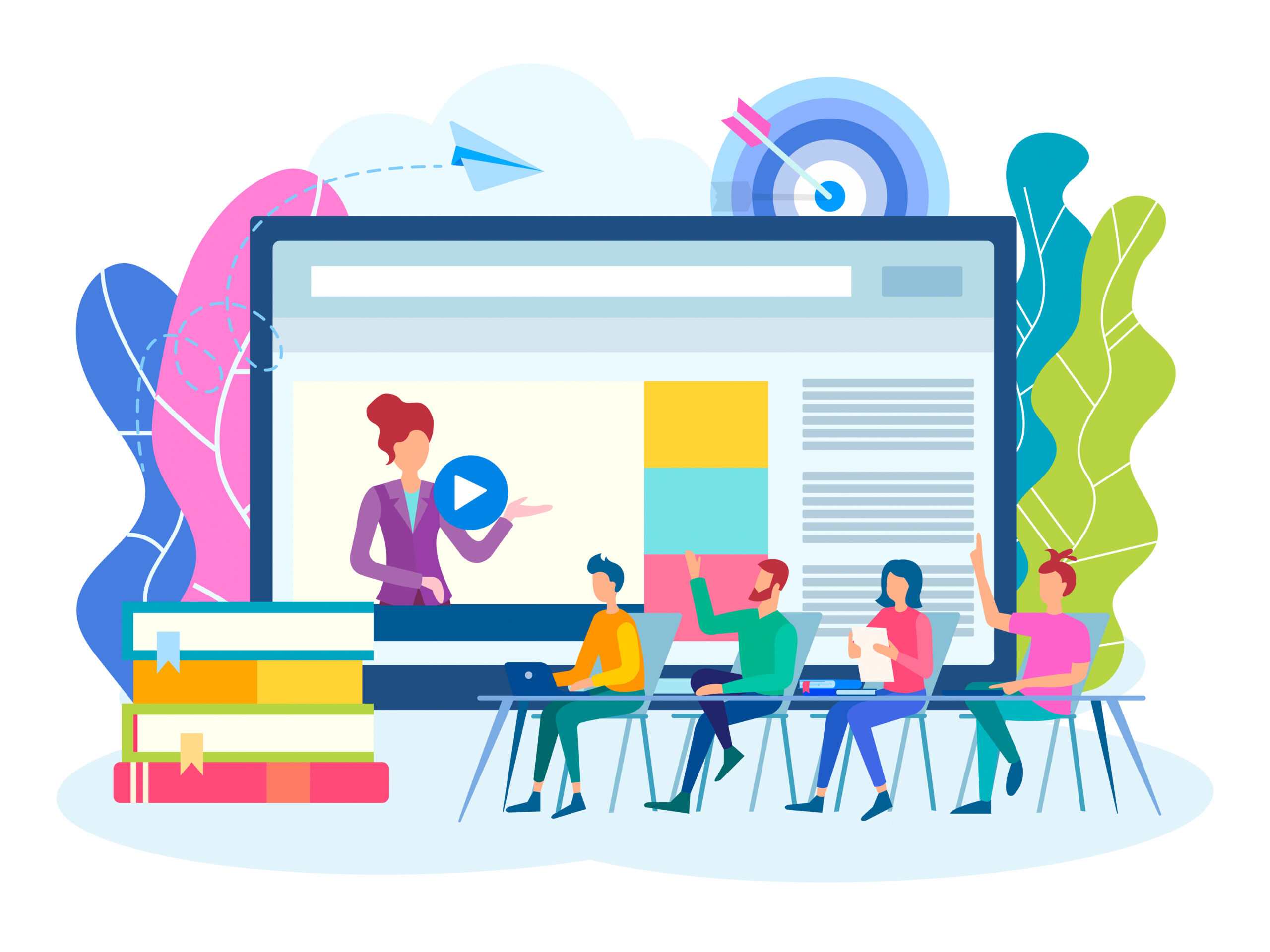 Online training, group lessons, seminars, workshops. Online webinar, Colloquium, team work concept. Vector illustration for social media marketing.