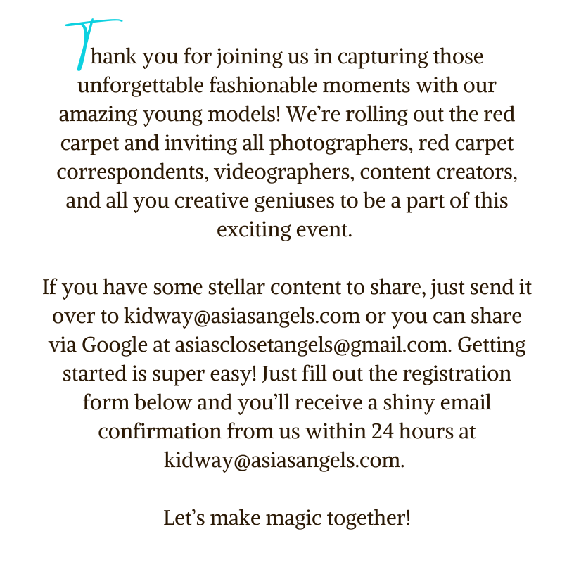 Join us for Kidway - Runway Fashion Shows, a unique event designed specifically for kids! This exciting show is coming to a city near you, brought to you by Asia’s Closet Angels, a nonprofit 501(C (2)